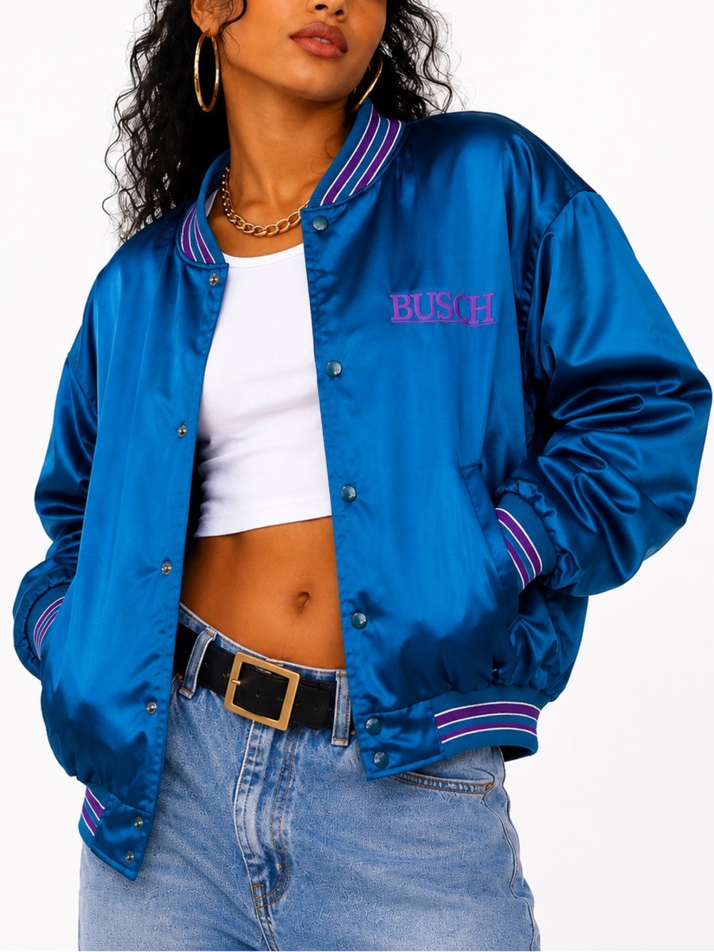 Vintage Satin-like Bomber Jacket Purple Accents Swingster Size L 90s Streetwear